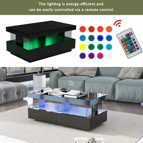 ModernLuxe Coffee Table with 2 Drawers and Open Storage Space, Black High Gloss Living Room Tables with 16 Colors LED Lights, Rectangular Coffee Tables for Living Room 100 * 60 * 49.5 cm - Image 4