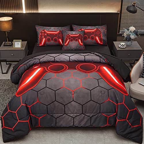 Image of Game Console Red Comforter Set with Sheets, 6 Pcs Bed in A Bag Geometric Lightweight Full Size Boys Bedding Set for Girls Kids