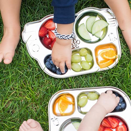 Image of Happy Hues Stainless Steel Divided Meal Plate Tray-5 Compartments Dinner Dish for Baby- Toddler- Kids Eating Food - Bus Shape