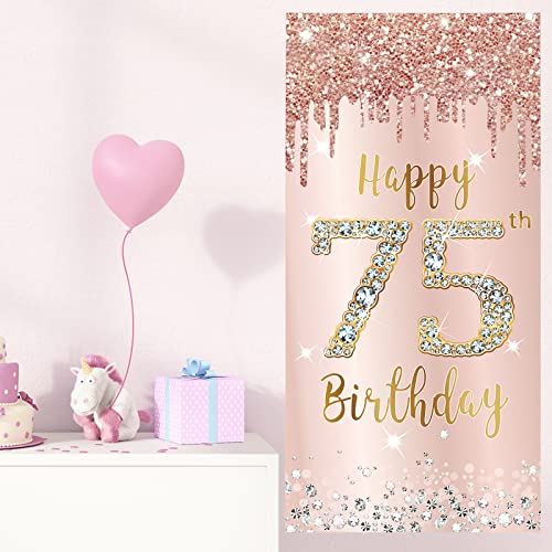 Image of 75th Birthday Decorations Door Banner for Women, Pink Rose Gold Happy 75 Birthday Backdrop Party Supplies, 75 Year Old Birthday Poster Door Cover Sign Decor