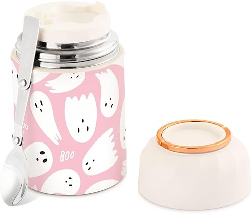 Tarro de comida sellado con cuchara plegable, lonchera de acero inoxidable aislado al vacío para alimentos calientes y fríos, fantasma rosa, boca