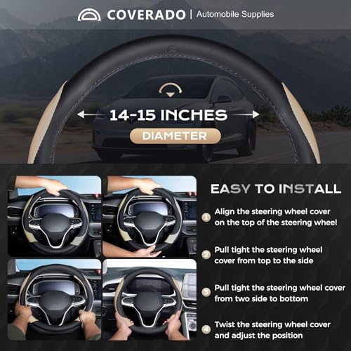 Image of Coverado Car Steering Wheel Cover, Nappa Leather Black & Brown Steering Wheel Covers, Universal 14-15 inch, Anti-Slip, Breathable Steering Wheel Protector for Women Men