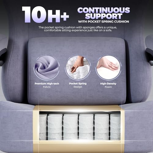 Image of GTPLAYER Big and Tall Gaming Chair Fabric with Pocket Spring Cushion, High Back Ergonomic Computer Chair with Footrest for Adults Lumbar Support Swivel Game Chair for Office 350LBS, Macaron Purple