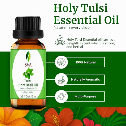 Image of SVA Holy Tulsi Essential Oil in Glass Bottle, 1 /3 Fl Oz (10 ml) | Holy Tulsi Essential Oil for Diffuser, Hair Care, Skin Care, Massage, Soap Making, Perfume Making, Fragrance & DIY Blending