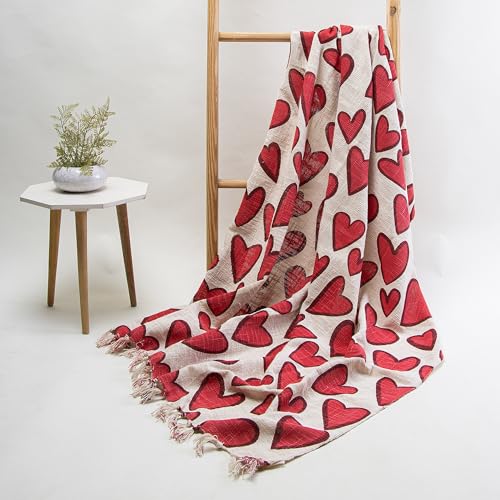 Image of Handmade Cotton Heart Print Hand Block Sofa Throw Blanket for Couch and Car 50x70 Inches - Best for Gifting Propose (Multi-Color 09)