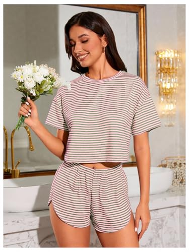 Image of OYOANGLE Womens Pajama Sets 2 Piece Sexy Lounge Sets Summer Cute Pjs Striped Print Tee and Side Split Shorts Set