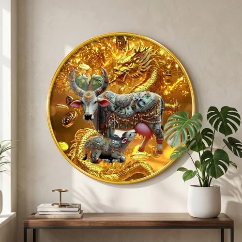 Image of SAF Kamdhenu Cow Wealth Painting with Golden Dragon Round PVC Frame Spiritual Feng Shui Wall Decor for Home Living Room Office Prosperity Luck Artwork (16 x 16 Inch) GRM-381
