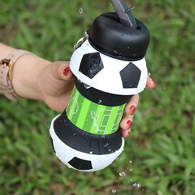 Image of Koochie-Koo Football Design Silicone Collapsible Water Bottles, Portable Sports Bottle with Carabiner Clip, Leak Proof, BPA Free, Sipper Cup with Sippy Straw, 3+ Years, 550 ml (Pack of 1, White)