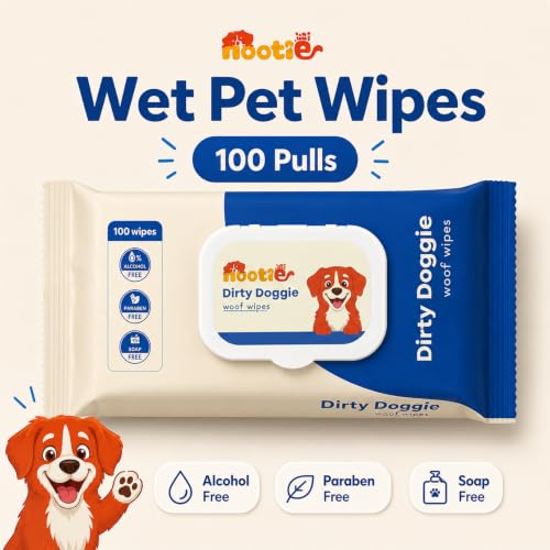 Image of Nootie Dirty Doggie Anti-Bacterial Grooming Wet Wipes for Dogs & Cats - 100 x 4 (15 x 20cm) | Apple Scent Dry Bath, Paw, Ear & Body Cleaning | Alcohol Free Anti-Itch Daily Grooming | All Pet Breeds