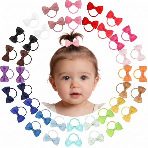 Image of CÉLLOT 40Pcs 2" Baby Ribbon Bows Hair Ties Mini Boutique Hair Bows for Baby | Durable Elastic Rubber Band | Ribbon Hair Band Accessories for Toddlers Infants Kids Under 2 Years Old