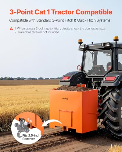 Image of VEVOR Ballast Box, 3-Point Category 1 Tractor Ballast of 800 lbs Capacity, with Standard 2 Inch Hitch Receiver, Heavy-Duty Steel 5 ft Large Volume Durable Loader Attachment with Sliding Door, Orange