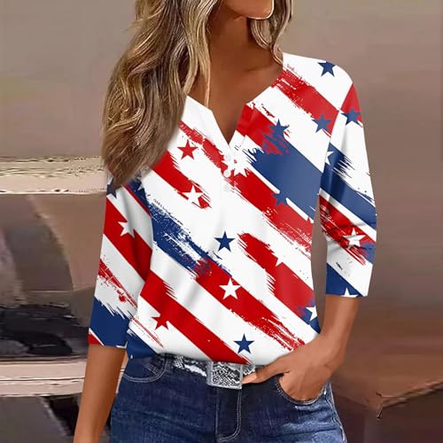 Image of 4th of July Shirts Women 3 /4 Length Sleeve Womens Tops Henley Neck Casual Patriotic T Shirts