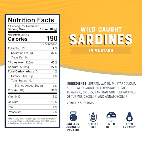 Image of Bumble Bee Wild Caught Sardines in Mustard Sauce, 3.75 oz (12-Pack) | High Protein, Gluten Free, Keto Friendly, Ready to Eat