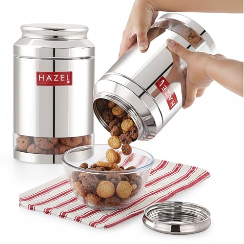 Image of HAZEL Stainless Steel Transparent Storage Jar, 2500 ML - Set of 2 | Airtight Kitchen Containers for Pulses, Grains, Sugar & Snacks