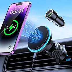 Soporte Movil Coche Automatico Rolgno Cargador Inalambrico Coche Magnético con Cargador para MagSafe Coche PD18W, Soporte Movil Coche Estable para Salida de Aire, Carga Rápida de Alineación Automática, Compatible con iPhone15/14/13
