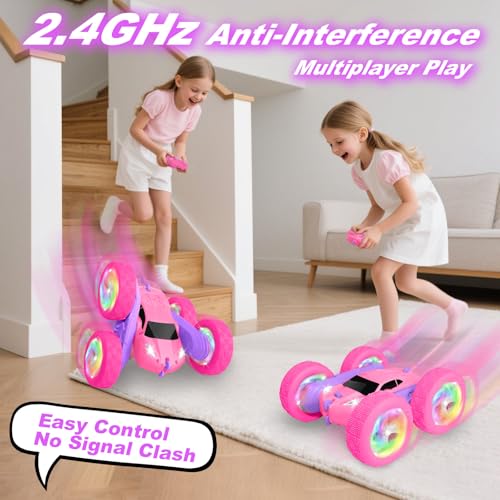 Image of Remote Control Car, RC Cars for Girls, 2.4 GHz Double Sided RC Crawler with Upgraded USB-C Modular Battery, 360Rotating Car Toys for 6 7 8 9 10 11 12 Year Old Girl Birthday Gift Pink-Purple