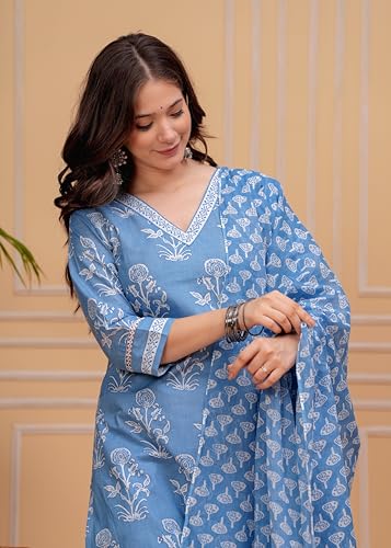 Image of MEERA FAB Women's Cotton Blend Straight Printed Kurta with Palazzo & Dupatta