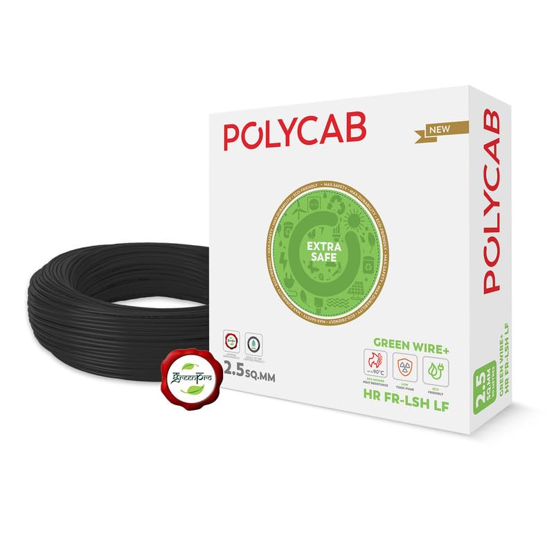 Image of Polycab Green Wire+ 90M coil |1 SQ MM|Heat resistant upto 900 C | Low smoke | Low toxic fumes | GreenPro certified | 99.97% high purity copper | Rodent protection | Eco friendly (Black),Pack of 24