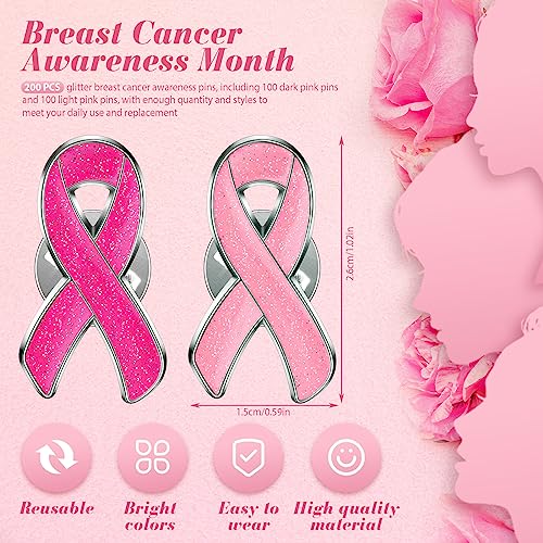 Hoteam 200 Pcs Pink Ribbon Glitter Breast Pin Glitter Breast Cancer Brooch Pin Ribbon Pins Breast Cancer Awareness Lapel Pin Charity Public Fundraiser Supplies2