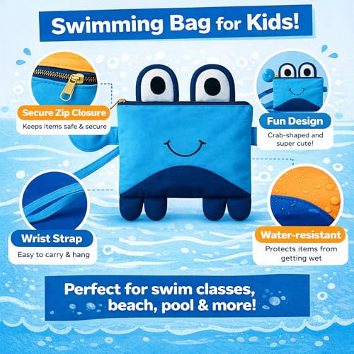 Image of Kids Swimming Bag | Mini Travel for Preschool, Nursery, Beach | Wet & Dry Separation Storage for Boys & Girls Clothes (Crab Shape Blue)