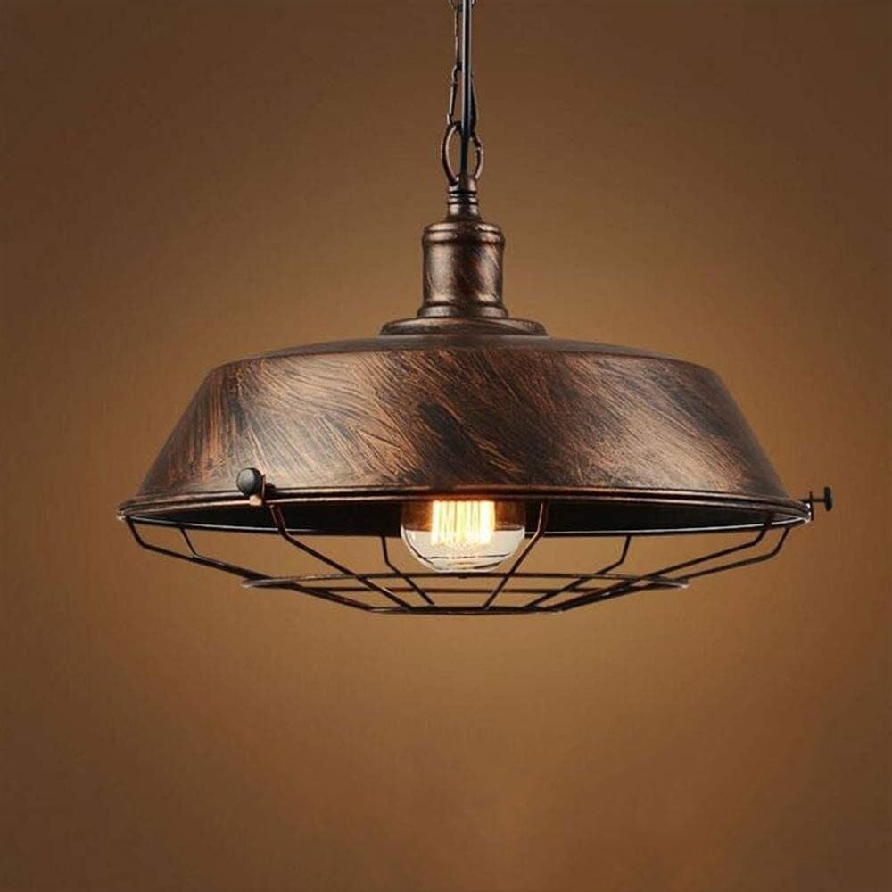 BLOOHK Industrial Barn Pendant Light with Metal Cage, Vintage Distressed Bronze Dome Hanging Lamp, Rustic Farmhouse Chandelier for Kitchen Island, Dining Room