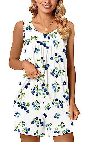 Image of POPYOUNG Pajama Set for Women Summer 2 Piece Lounge Shorts Sets Sleepwear | Womens Pajama Sets Cooling pijamas de mujer for Summer with Pockets Sleeveless Nightwear Outfits Pjs Shorts Set