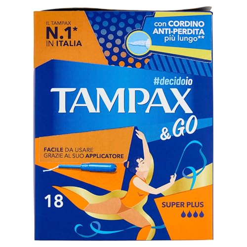 Tampax & Go Super Plus - 18 compresas con aplicador de plástico con agarre antideslizante y doble cordón protector, ideal para flujos muy abundantes