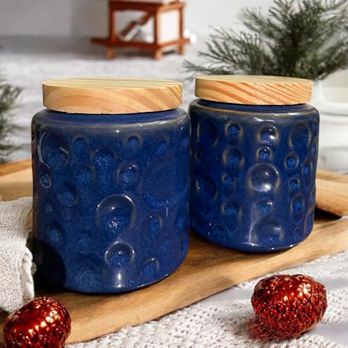 Image of Ceramic Kitchen Storage Jar Set of 2 (750 ml)| Airtight Blue Canisters for Tea, Sugar & Spices | Modern Storage Containers | Airtight Pickle /Barni Jars with Lid | Countertop Food Jars for Kitchen