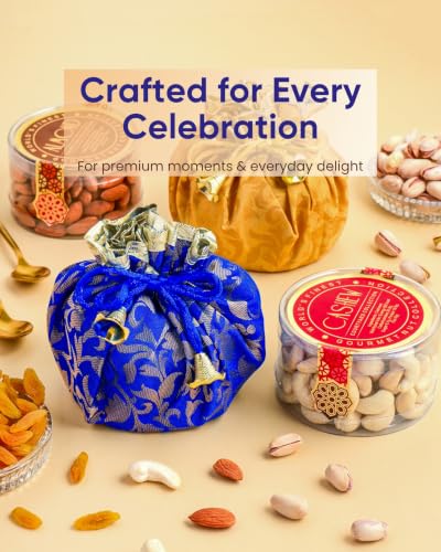 Image of Hyperfoods Rakhi for Brother with Dry Fruits Rawfruit's Handcrafted Potli Blue And Red with Thali Roli & Chawal Rakhi Gift Hamper for Brother Pack of 4 Cashew Almond Pistachios Raisins 495gm With Set of 3 Meena Rakhi