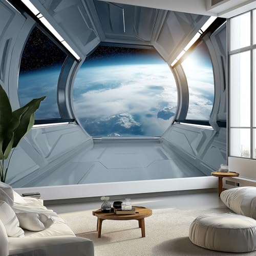 Papier peint panoramique Technologie Géométrie Espace Terre, papier peint Futurisme amovible - fresque murale facile à poser - décoration murale pour salon chambre...