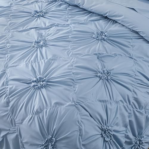 Image of Sky Blue Comforter Set Queen Size Bed in A Bag 7 Piece Pinch Pleat Bedding Set,Pintuck Ruched Flowers Bed Set with Comforter, Sheets, Pillowcases & Shams