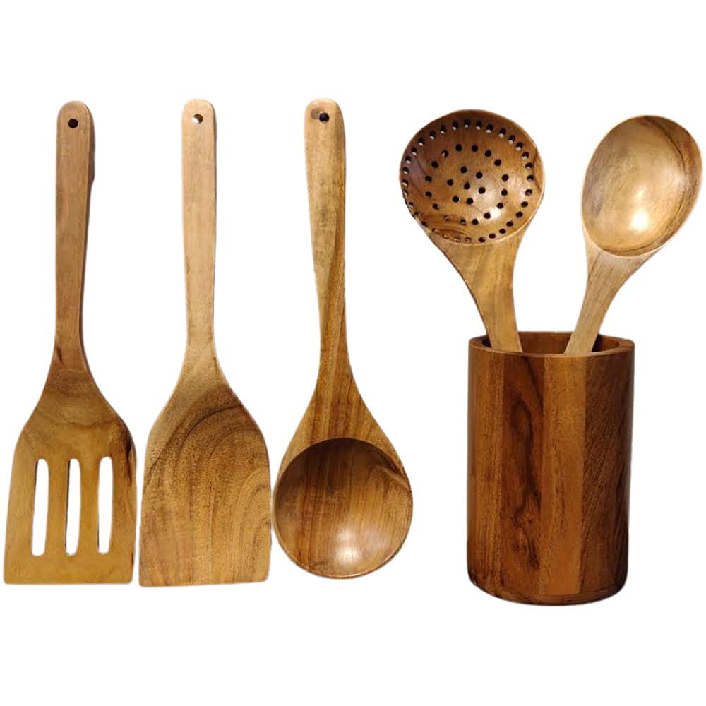 LAVAUX DESIGNSWooden kitchen utensils for cooking with holder | Made of Acacia Wood | Wooden spoons | Serving Spoons | Spatula set | Nonstick | Durable | Set of 6 including 5 spoons and a holder