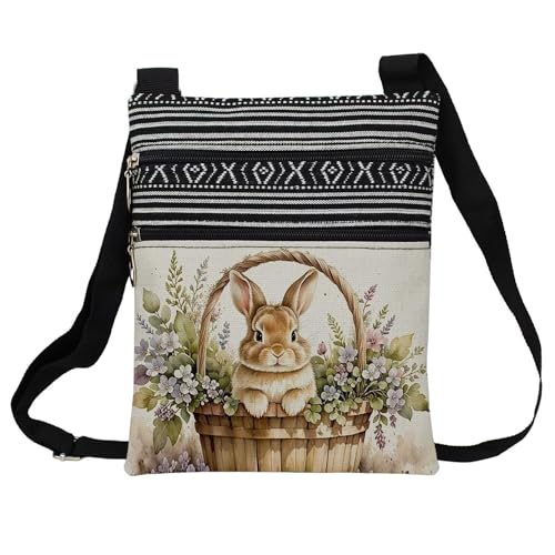 Floral Bunny Messenger Bag Small Ethnic Pattern Printed Adjustable Strap Crossbody Zipper Pouch Floral Bunny Phone Organizer Wallet Cute Shoulder Handbag for Women-1