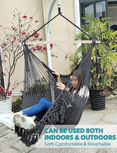 Image of Chihee Hammock Chair Handmade Woven Mesh Hanging Seat Metal Spreader Bar | Cotton Blended Rope Hanging Chair Ventilated Soft-Spun Large Stretch Hammock Swing, Elegant Macrame Indoor Outdoor Garden