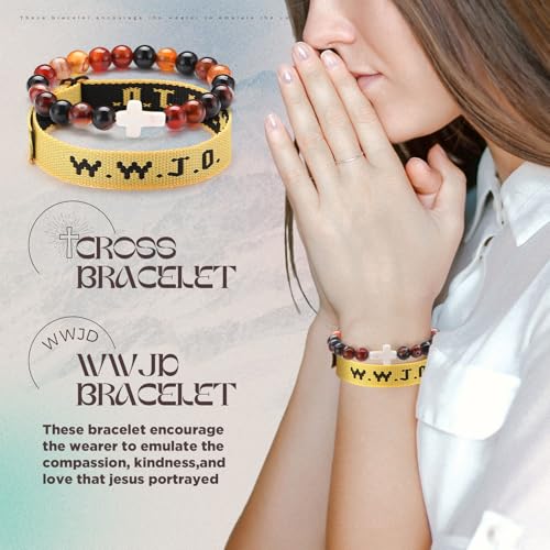 Image of Huquary 18 Pcs Easter WWJD Braided Christian Cross Bracelet Beaded Stretch WWJD Adjustable Jesus Bracelet Wristband for Women Men What Would Jesus Do Religious Rope Jewelry Faith Pendant Easter Gift