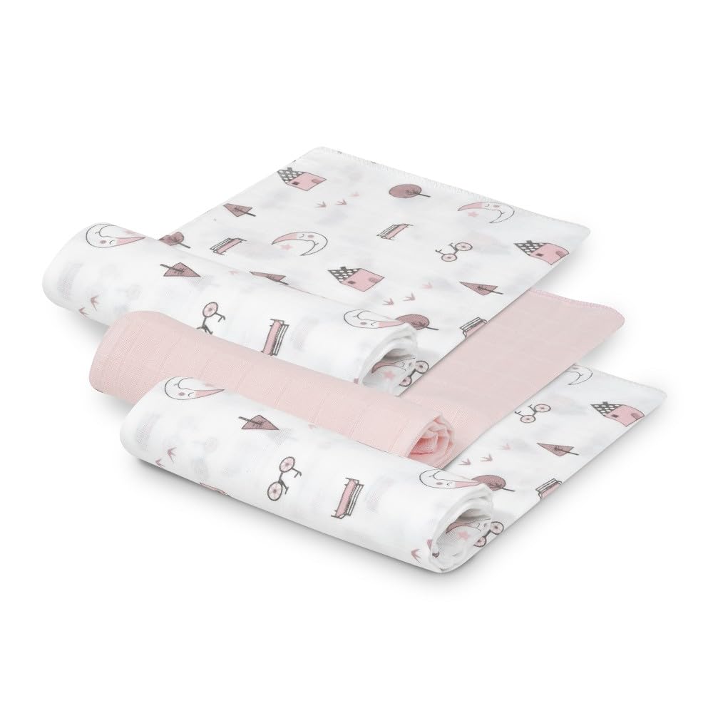 INTERBABY Set di 3 Mussole di Bambù MOON rosa per neonati 55x70 cm