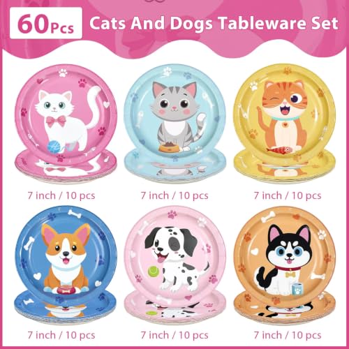 Image of 60Pcs Cat Dog Paper Plate 7 inch Kitten Puppy Heavy Duty Paper Plates | Cute Paw Pet Animal Disposable Dessert Cake Platters for Kids Cat Dog Birthday Baby Shower Party Supplies Decorations
