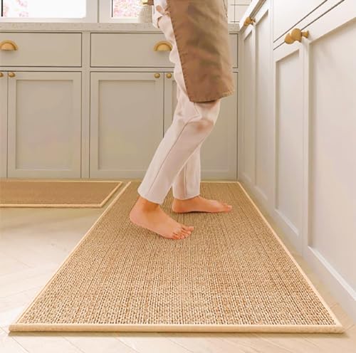 [Set of 2] Premium Kitchen Rugs & Mats High-Grip Anti-Skid Rubber Backing Durable & Washable Oil & Water Resistant Easy to Clean Modern Contemporary Design 120x44 cm + 75x44 cm Camel Color