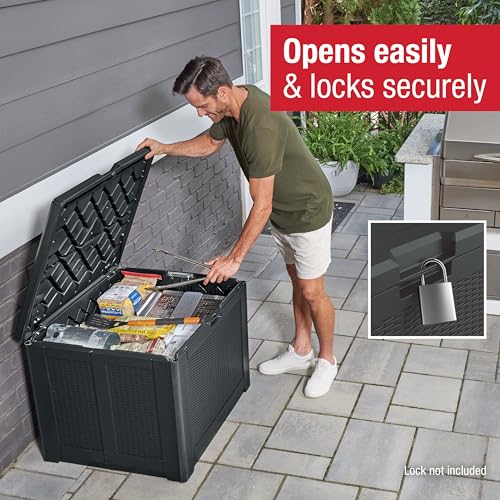 Image of Rubbermaid Medium Resin Outdoor Storage Deck Box (74 Gal), Weather Resistant, Black, Deck Organization for Home /Backyard /Pool Chemicals /Toys /Garden Tools /Porch /Patio Cushions