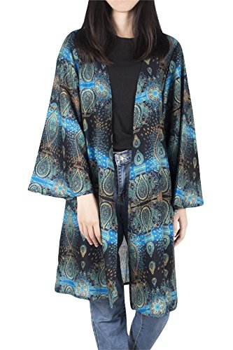 Lofbaz Kimono Cardigan For Women Long Shirt Cardigans Womens Summer Duster Sweater Tops Shirts Clothing Vest Hawaiian Cover Up Black & Light Blue S/M #TOP15