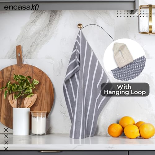 Image of Encasa XO Kitchen Towels Cotton Pack of 4 | 70x45 cm, Roma Grey Stripes - Dish Cloths | Highly Absorbent Cleaning & Wiping Cloths for Kitchen | Reusable Tea Towels