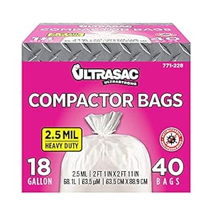 Ultrasac Compactor Bags – (40 Pack with Ties) 18 Gallon for 15 inch Compactors – 25″ x 35″ Heavy Duty 2.5 MIL Garbage Disposal Bags Compatible with Kitchenaid Kenmore Whirlpool GE Gladiator