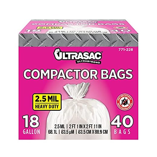 Ultrasac Compactor Bags - (40 Pack with Ties) 18 Gallon for 15 inch Compactors - 25" x 35" Heavy Duty 2.5 MIL Garbage Disposal Bags Compatible with Kitchenaid Kenmore Whirlpool GE Gladiator