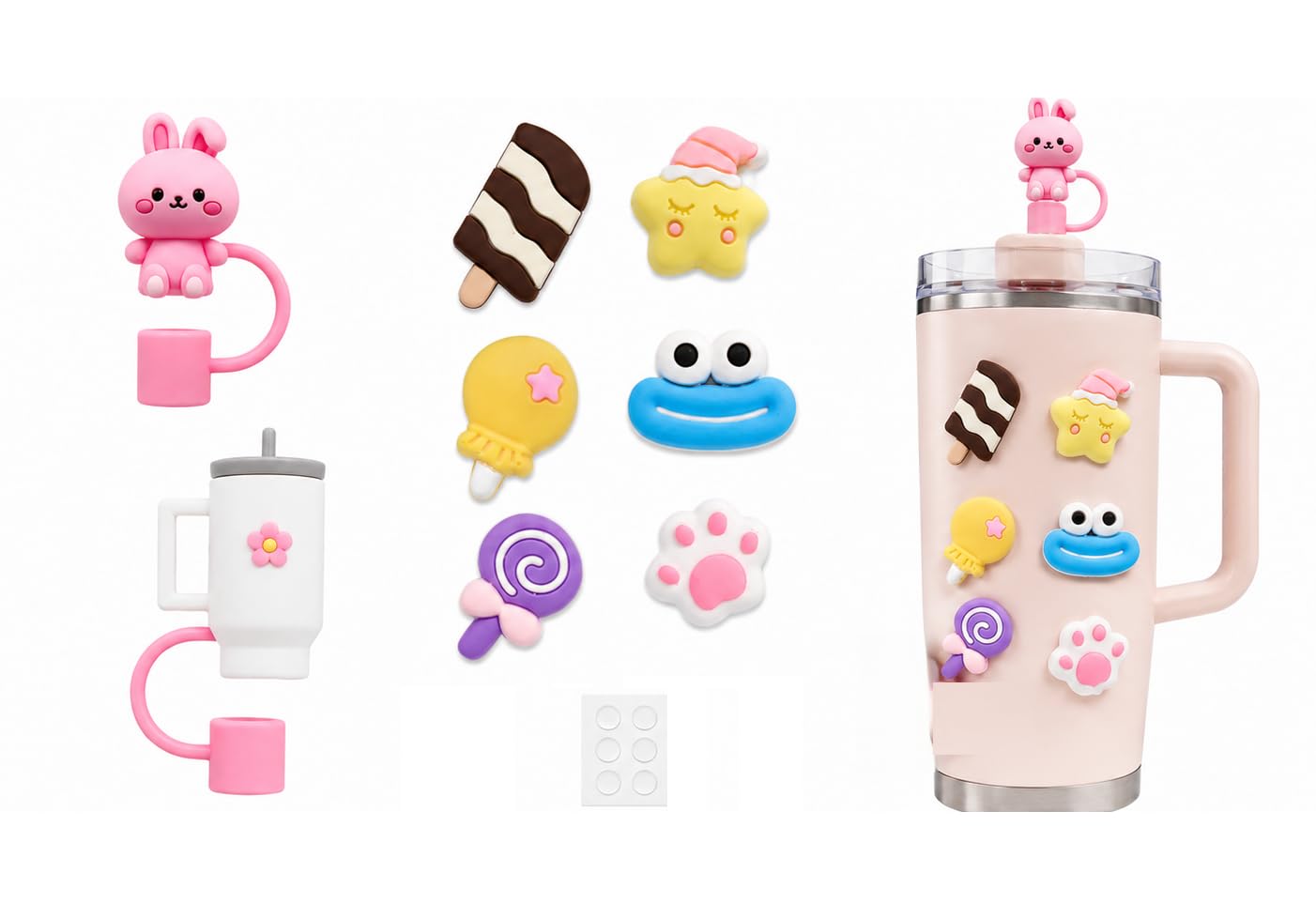 M.F.H 2PCS Silicone Straw Cap with 6PCS 3D Silicone Charms & Double-Sided Glue Drops | Tumbler Cup Accessories | Reusable Straw Cover, DIY Tumbler Decoration Kit for Water Bottles (Random Design)-image-22