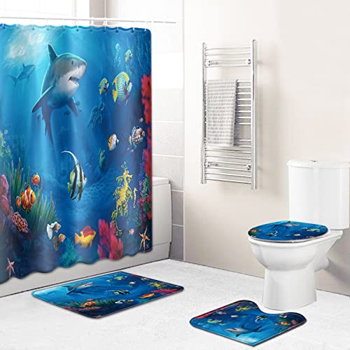 Duschvorhang Lila Blau Gelb Badezimmerteppich 4-Teiliges Set, Duschvorhang 180x180 Polyester+Badematte rutschfeste(45x75…