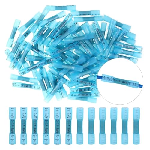 100/50PCS Seal Heat Shrink Butt Crimp Terminals Blue Fully Insulated 14-16 AWG Electrical Wire Connectors Kit(Blue,100PCS)