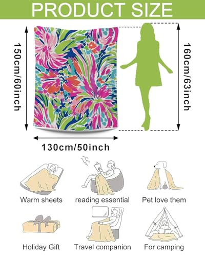 Image of Tropical Floral Throw Blanket - Soft Flannel Fleece Blanket 50x60 Inch - Bright Pink Green Blue Lightweight Cozy Blanket for Couch, Bed, Sofa, or Dorm Room Decor