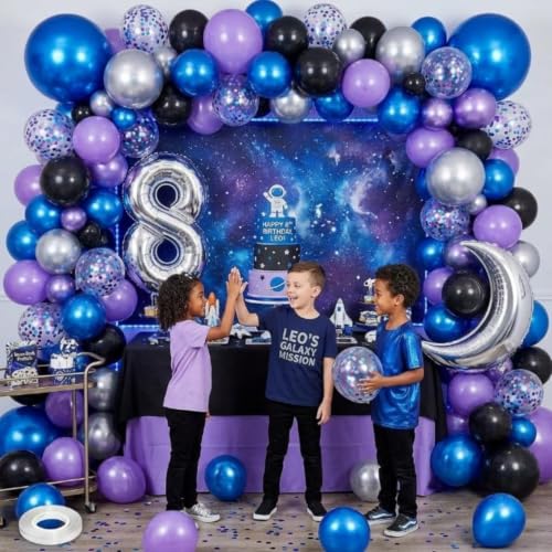 Image of Black Blue and Purple Balloons, 12 Inch Metallic Blue Purple Black | Silver Confetti Balloons for Kids Boys Outer Space Astronaut Birthday Baby Shower Video Game Party Decorations