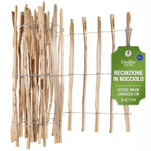 Creative Home Recinzione Giardino Esterno | Staccionata Legno Alto 100cm Lungo 5m | Recinzione in Nocciolo a Rotolo | Distanza Pannelli 7-9cm | Recinto Legno per Prato, Bordatura di Aiuole in Nocciolo