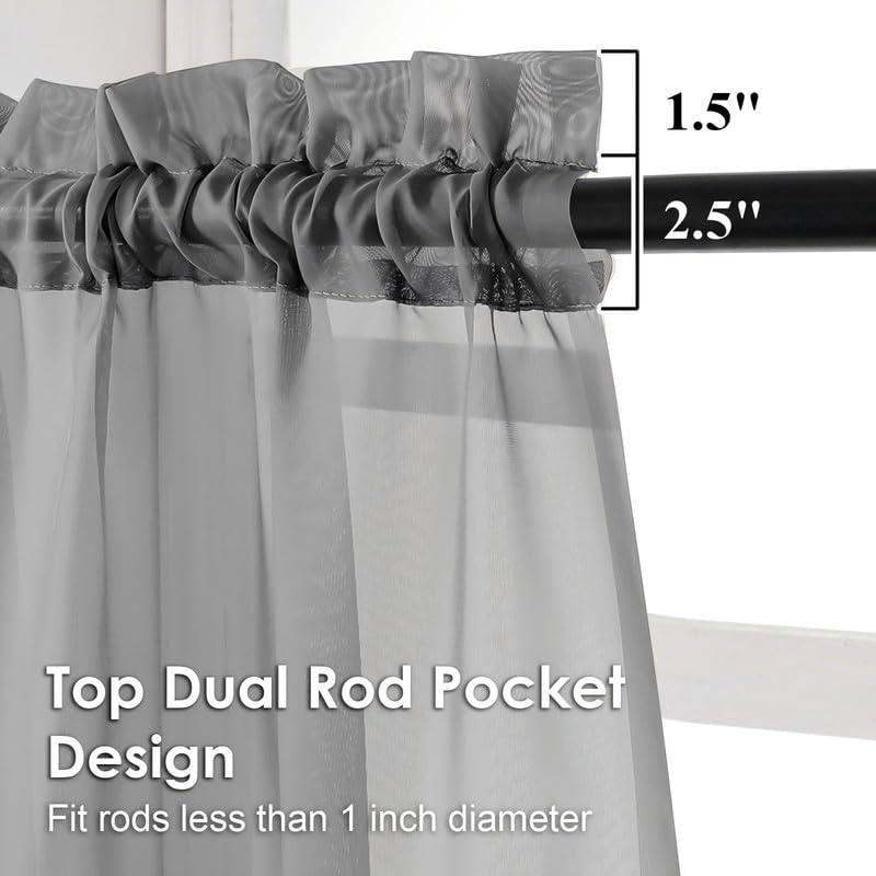 Image of OVZME Charcoal Grey Sheer Curtains 90 Inches Long 2 Panels - Soft Light Filtering Window Sheer Panels for Living Room /Bedroom, Top Dual Rod Pocket, 1 Pair, Each 42Wx90L Inches